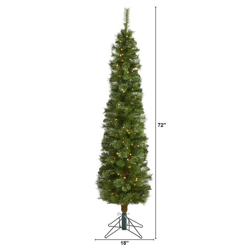 6Ft Pencil Christmas Tree with Lights - Slim Artificial Holiday Tree, Green, 150 LED Lights, Bendable Branches - Green - 72