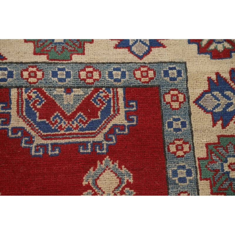 Red Geometric Kazak Area Rug Hand-Knotted Oriental Wool Carpet - 5'5" x 6'5"