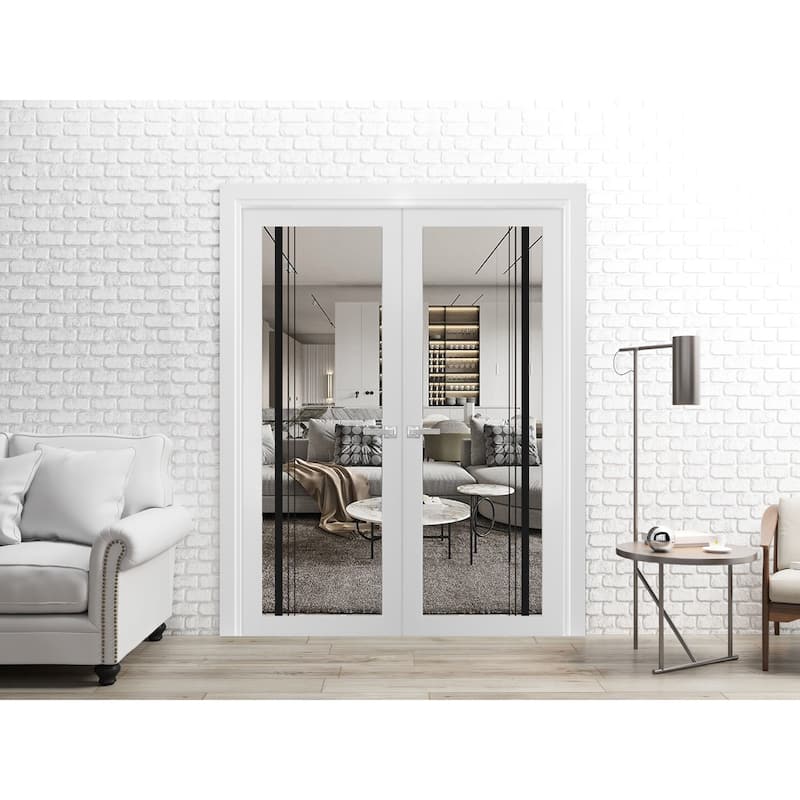 Solid French Double Doors 36 x 80 Lucia 2566 White Silk Clear Glass