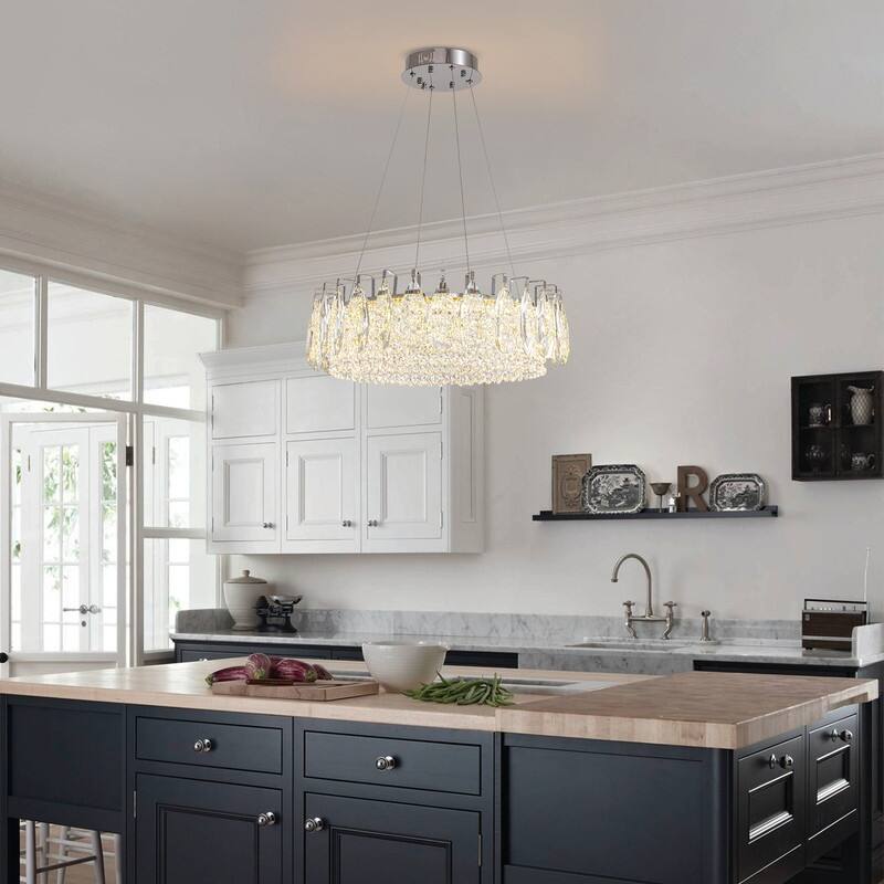 23.6 in. Chrome Crystal Chandelier Round Modern Chandelier Luxury Pendant Ceiling Light Fixture for Dining Room Living Room