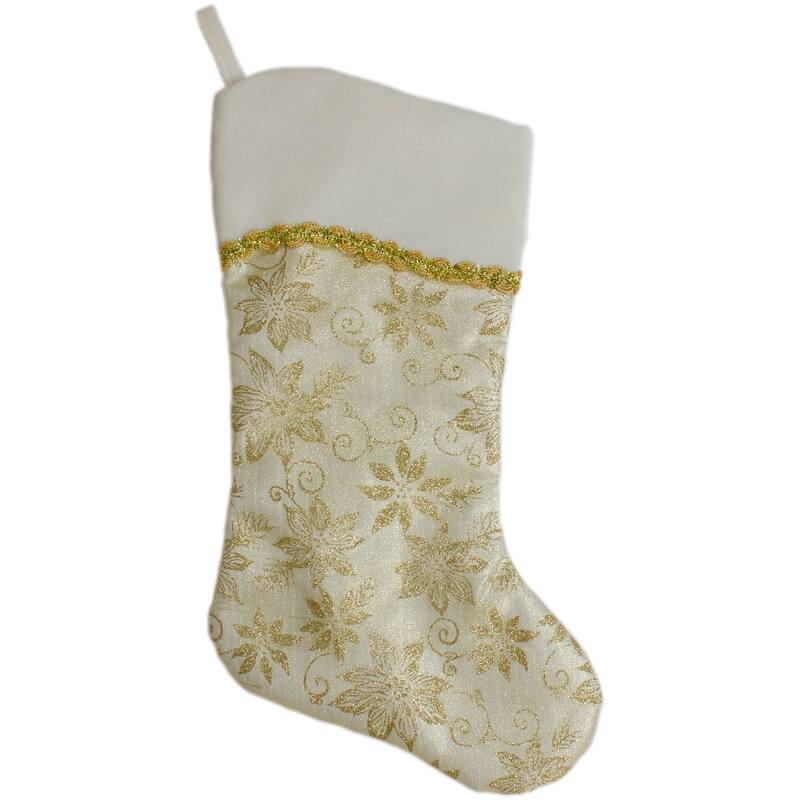 20.5" Gold White Glitter Poinsettia Christmas Stocking a Velvet Cuff