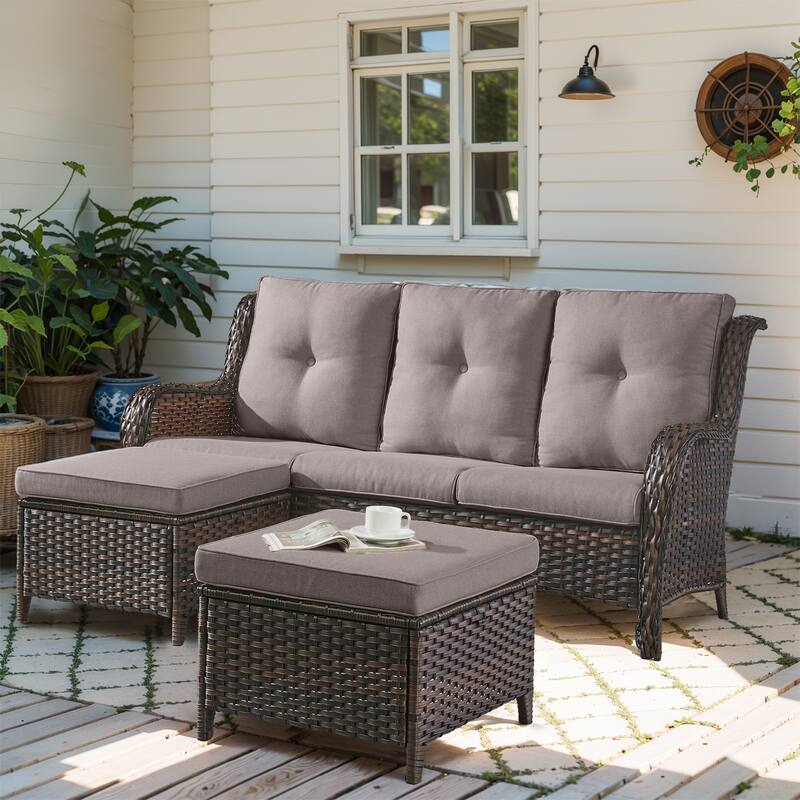 Outdoor 3-Piece Wicker Sofa Set with Ottoman - Brown - Grey