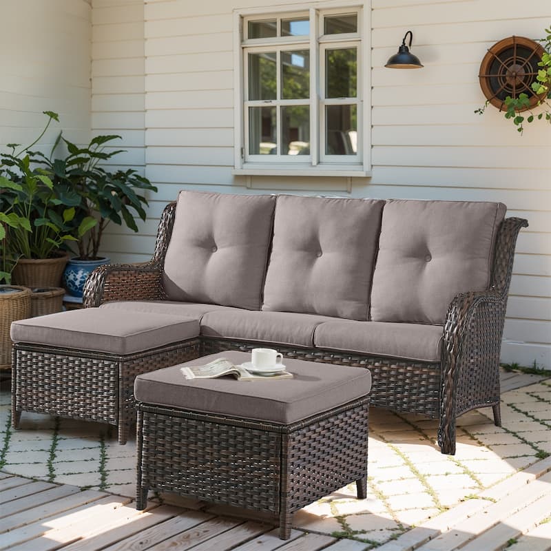 Gymojoy Patio Wicker 3-Seat Sofa with Ottoman - Brown - Grey