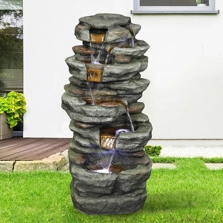 32.6-inch Rock Water Fountain w/LED Lights Outdoor Waterfall for Patio