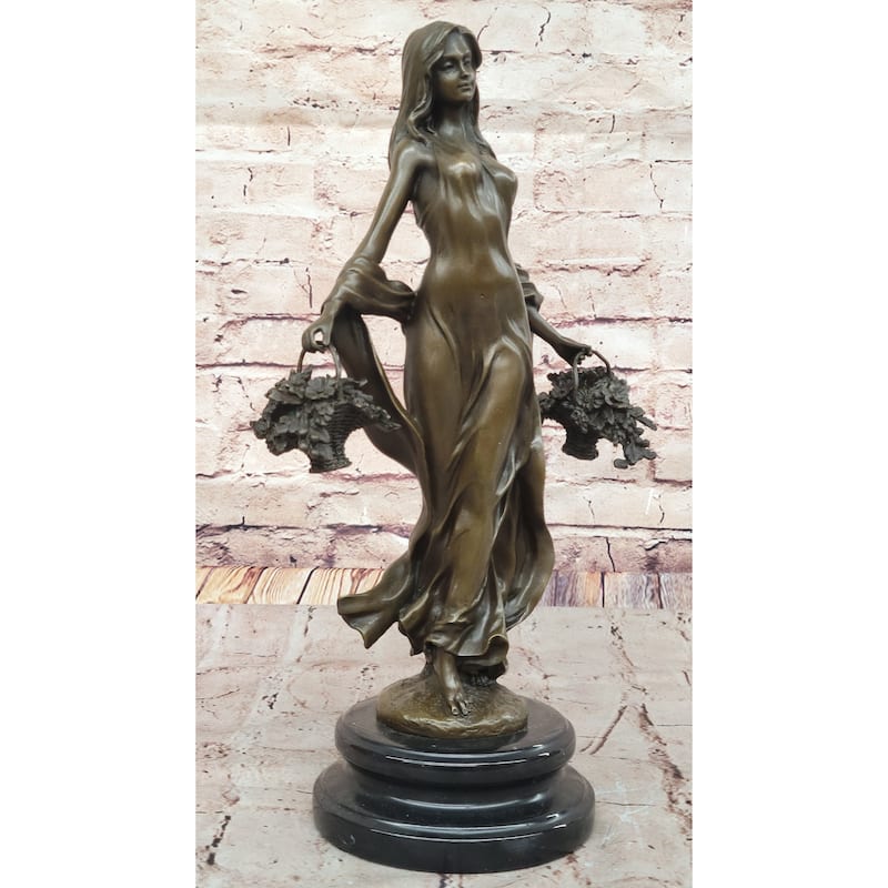 Young Woman Holding Baskets Of Flowers Grapes Bronze Sculpture Statue Decor