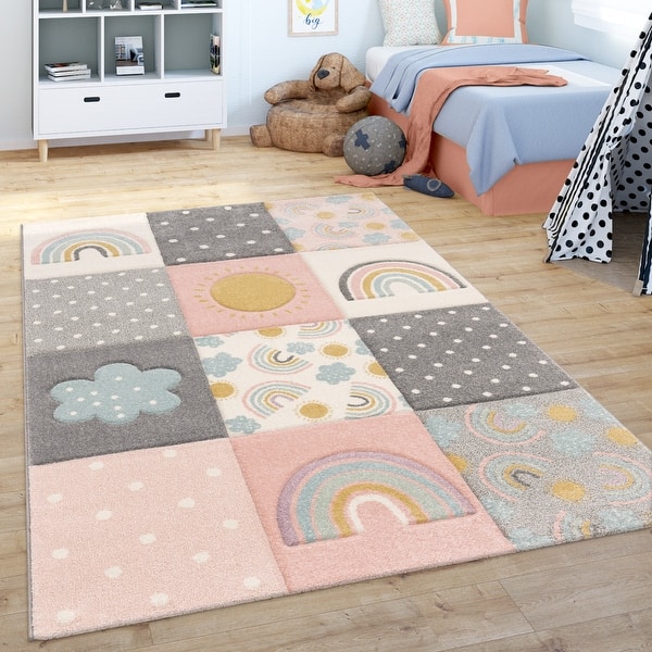 slide 2 of 8, Colorful Kids Rug for Girls Room with Rainbows & Clouds in Pink 2'8" x 4'11"