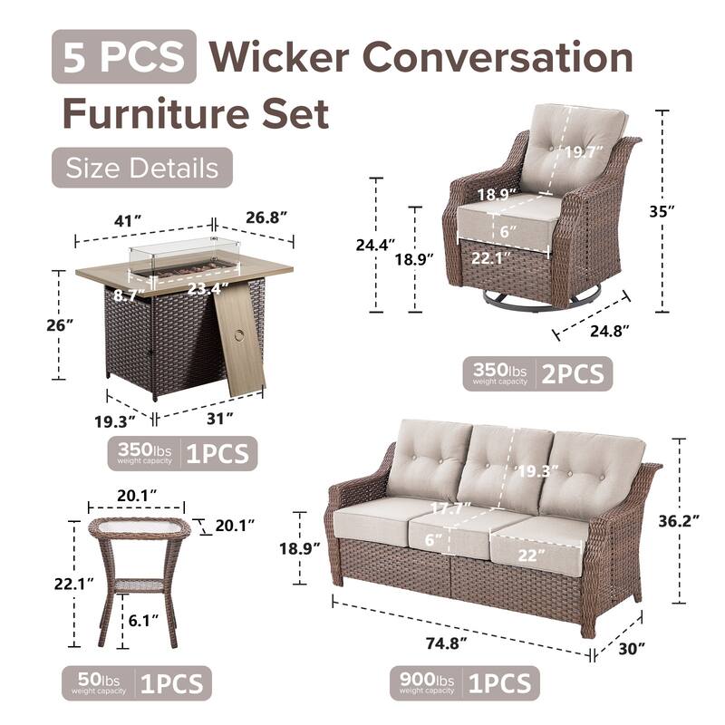 Gymojoy Wicker Patio Furniture Sofa Set with Fire Pit Table, 6-Inch Ultra Thick Cushioned 360° Swivel Glider Chairs