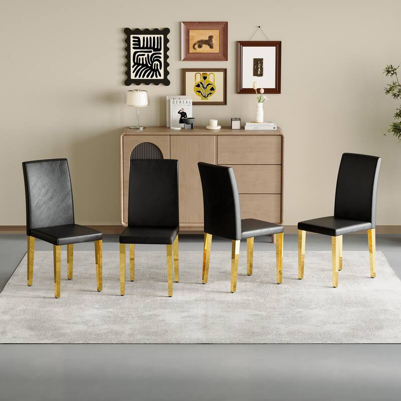 Set of 4 black PU leather backrest chairs with gold metal legs -A perfect pairing, ideal for minimalist and modern home