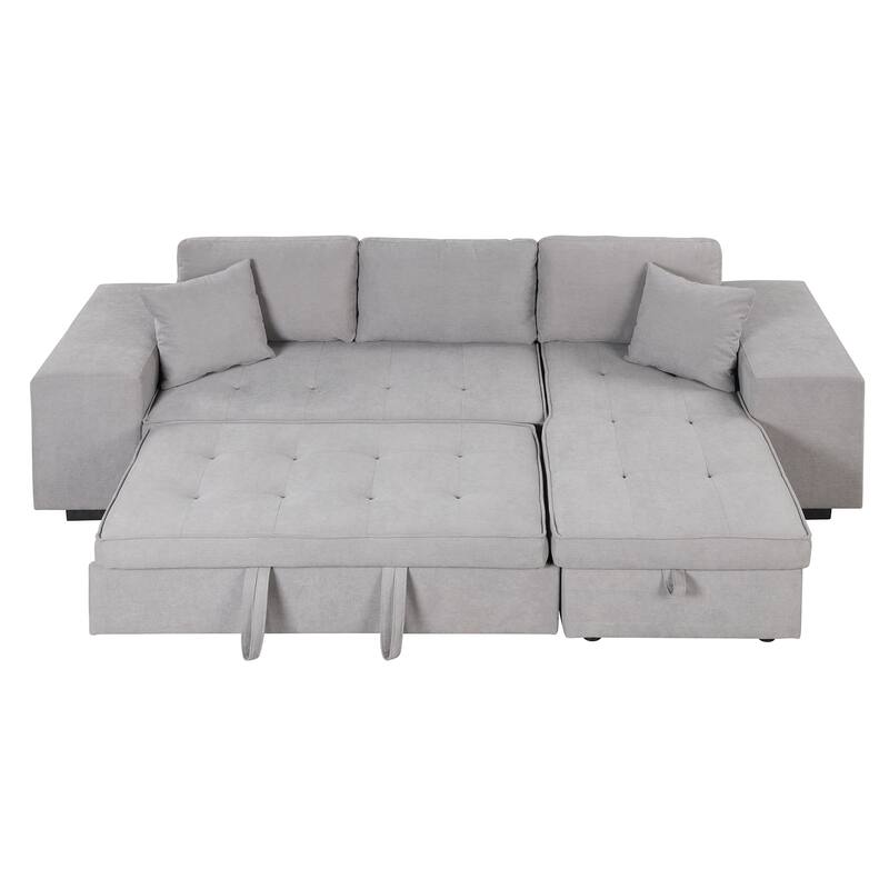 104" Modern L-Shape 3 Seat Reversible Sectional Couch, Pull Out Sleeper Sofa with Storage Chaise and 2 Stools