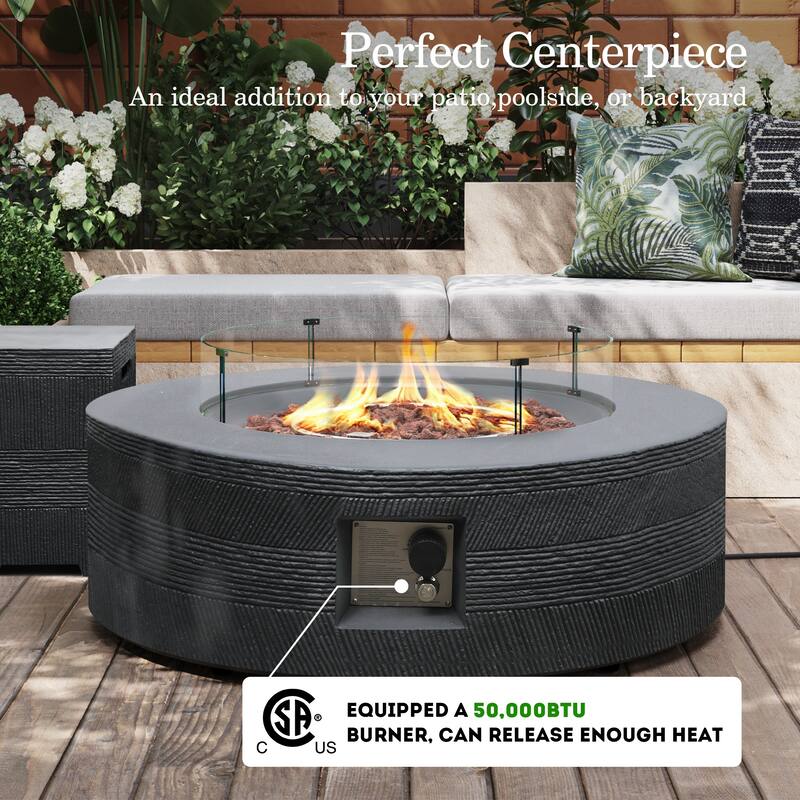 Patio Watcher 42in. Outdoor Round Magnesium Oxide Fire Pit Table with Gas Tank Cover and Wind Guard