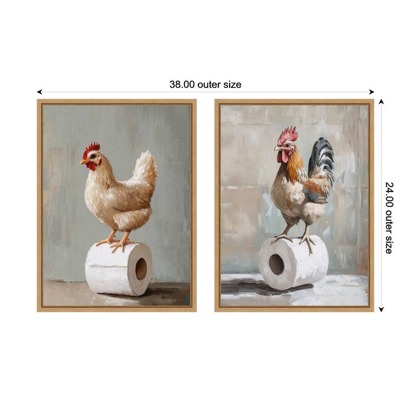 Kate and Laurel Sylvie Chicken and Rooster Bathroom Art Framed Canvas Art Set by The Creative Bunch Studio