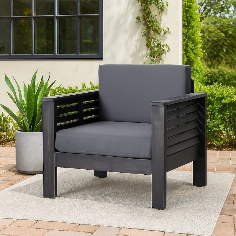Quim Outdoor Club Chair, Shutter Slat Panel, Gray Acacia Wood, Gray Fabric
