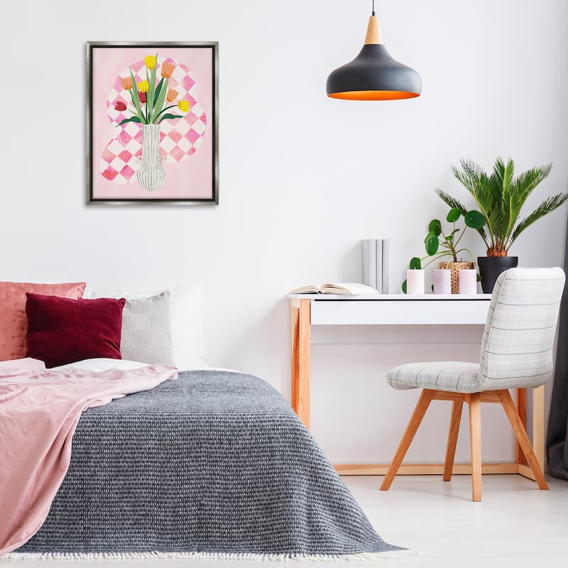 Stupell Yellow Tulip Vase on Checkered Framed Floater Canvas Wall Art Design By Ziwei Li