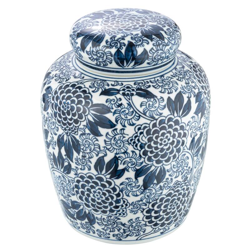 Decorative Ceramic Ginger Jar with Lid - 6.3"L x 6.3"W x 8.3"H - Blue