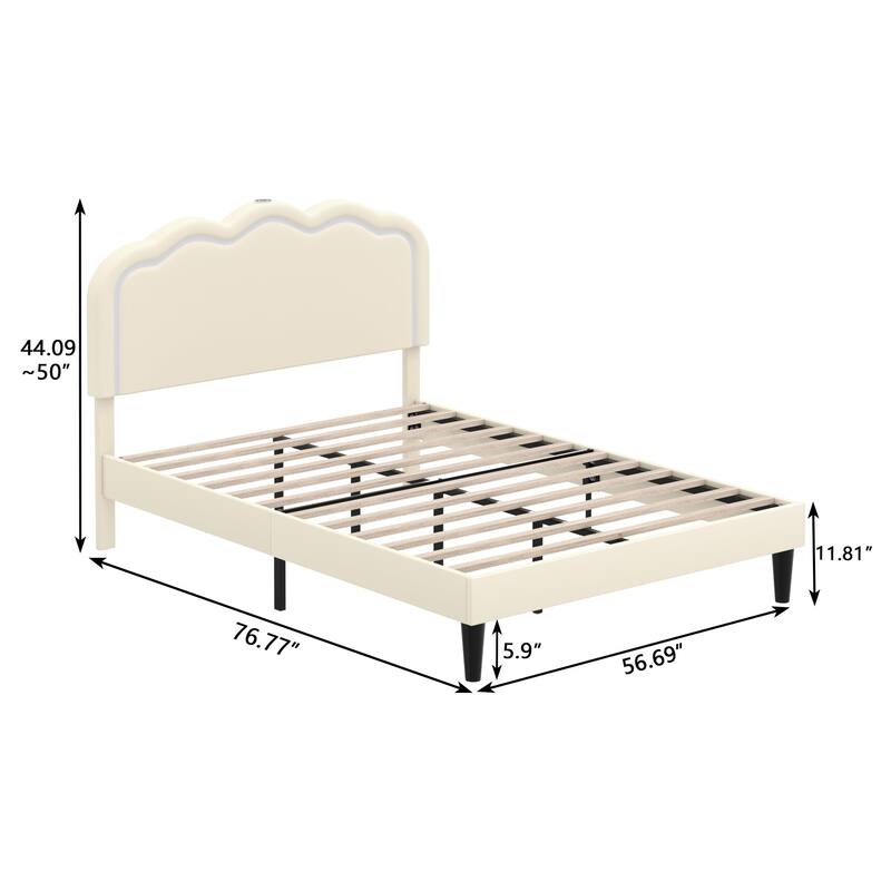 VECELO Upholstered Bed Frame with Headboard Adjustable,LED Lights, USB-A & Type-C,Velvet Platform Bed No Box Spring Needed