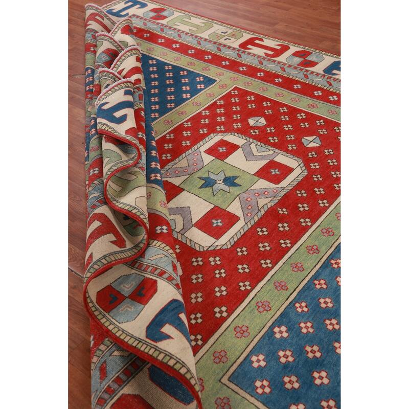 Hand Knotted Oriental 100% Wool Carpet Traditional Geometric Multi-Colored Kazak Area Rug - 11' 5'' X 8' 6''