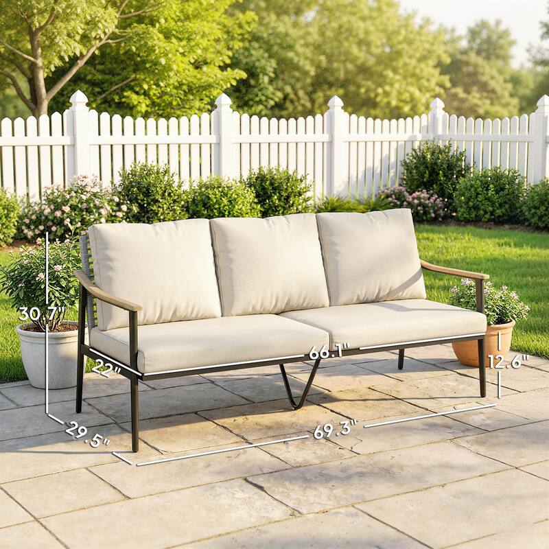 Outsunny Outdoor Patio Couch, 3 Seater Outdoor Sofa with Wood-Effect Armrests and Wicker Backrest