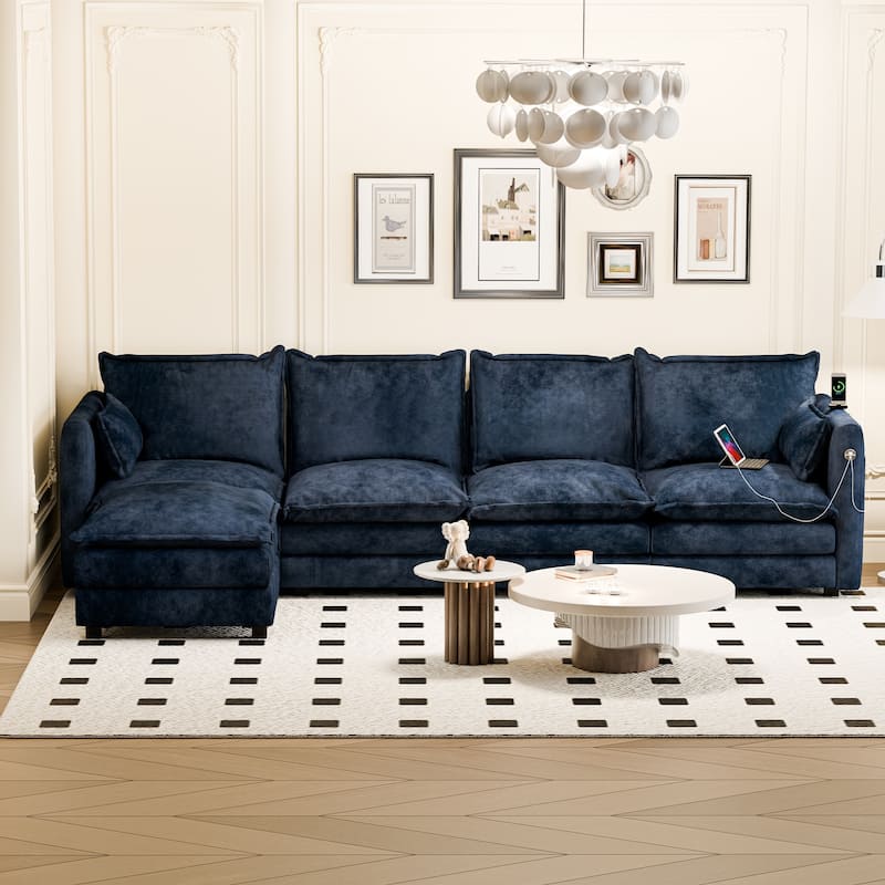 Modular Sectional Sofa L Shaped Couch, 3/4 Seat Sofa Set with Ottoman, Chenille Fabric