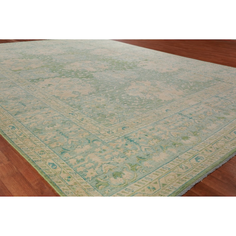 Hand Knotted Oriental 100% Wool Carpet Transitional All-Over Green Oushak Area Rug - 11' 10'' X 9' 0''
