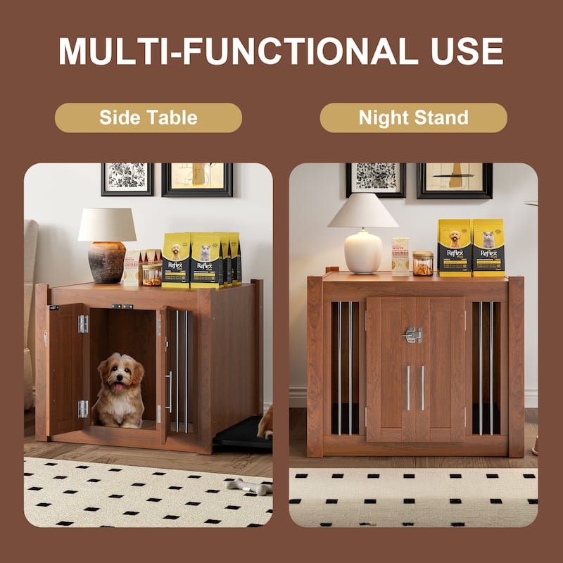 ‌30.25"L 2-in-1 Walnut Dog Crate with Padded Seat & Barn Door, Doubles as Ottoman with Removable Cushion.