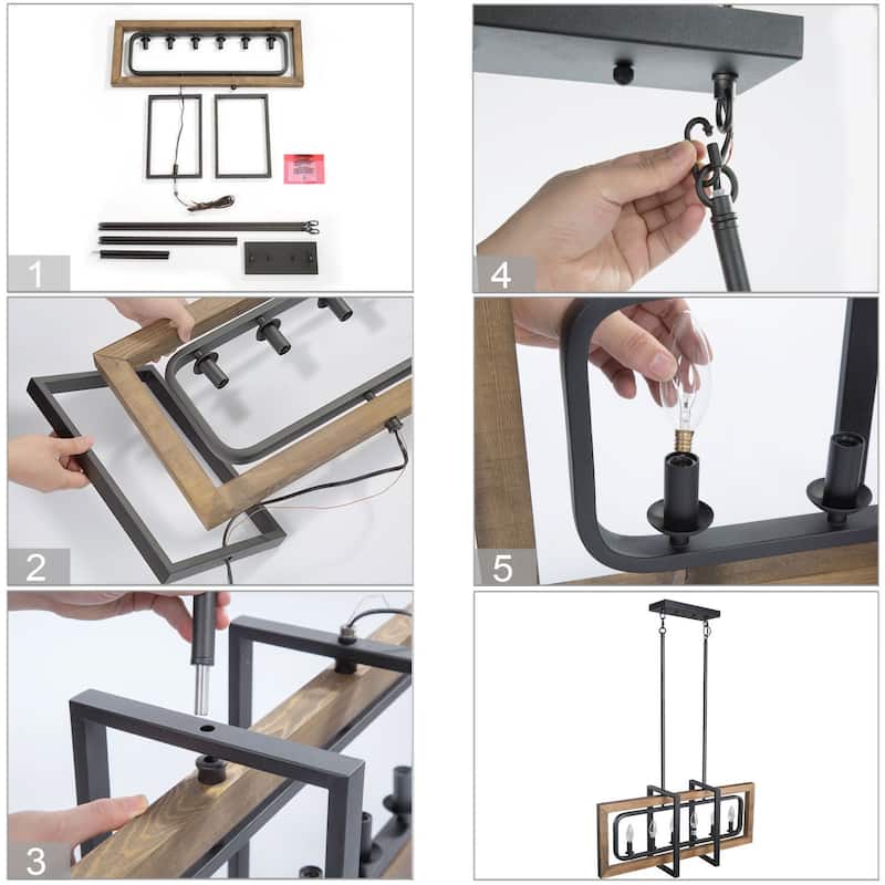 Farmhouse 6-Light Wood Linear Chandelier Island Lights for Dining Kitchen Island