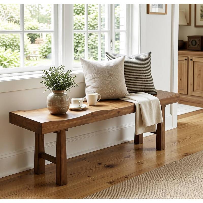 55" Rustic Solid Wood Entryway Bench, Wave-Top Design, Easy Assembly
