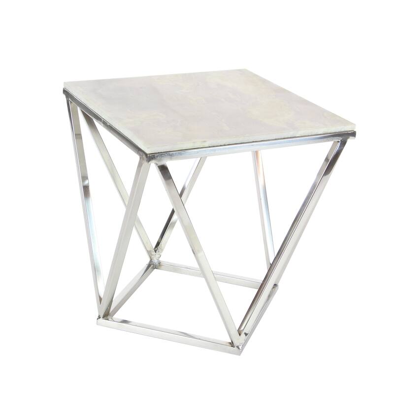 Silver Stainless Steel Accent Table with Marble Top - 18 x 18 x 21