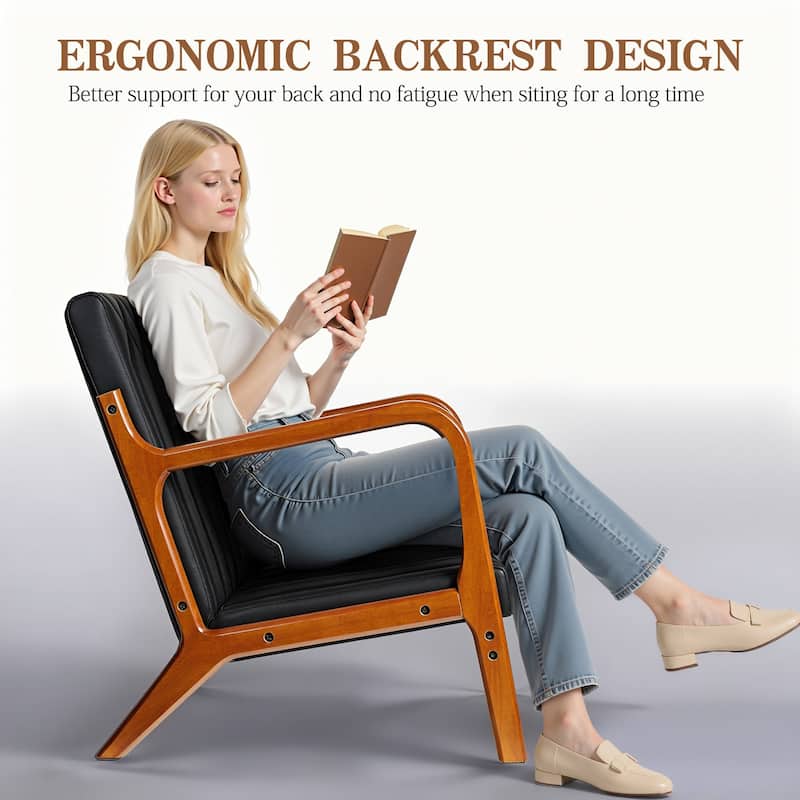 VECELO Mid Century Black PU Leather Accent Chair Lounge Chair with Removable Pillows Wooden Arms 300 lb Capacity for Living Room