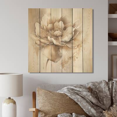 Designart 'Blooming Beige Floral Design IV' Floral Wood Wall Art - Natural Pine Wood