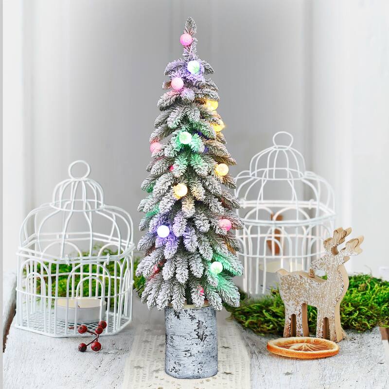 4' Potted Flocked Alpine Pencil Artificial Tree Multicolor Lights - 4 Foot