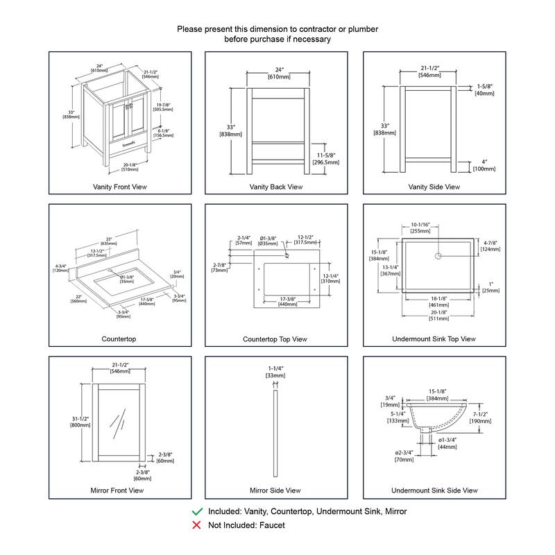 Blossom Geneva 24" Solid Wood Vanity w/ Marble Top, Sink & Mirror
