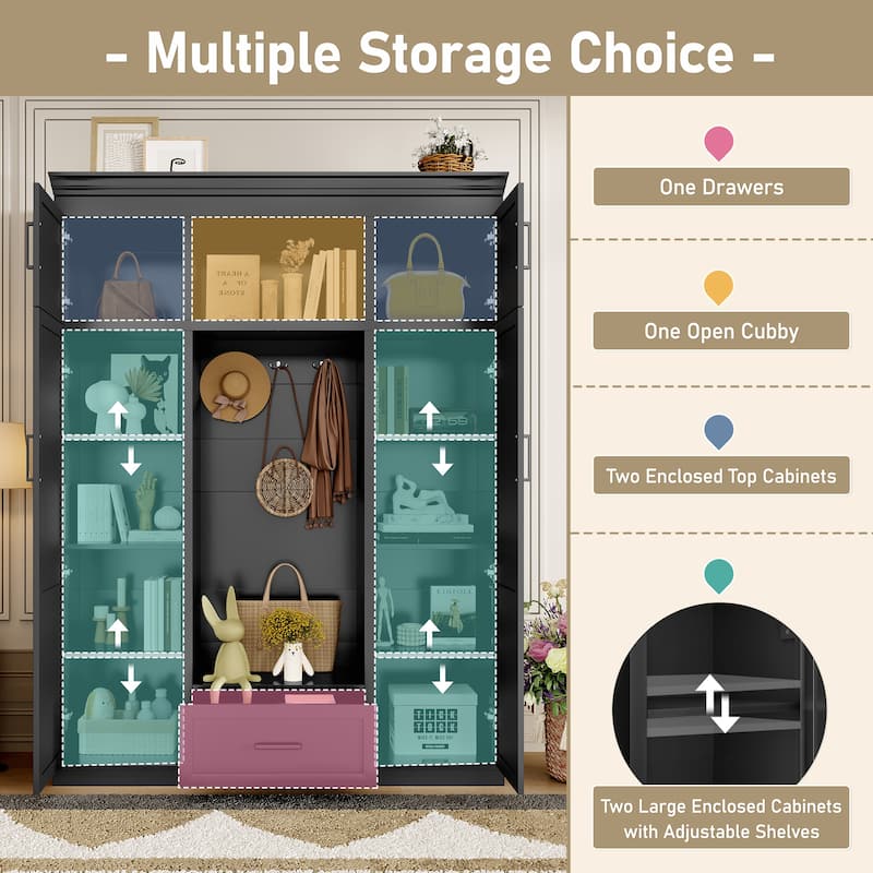 85.2''H Hall Tree with Bench and 3 Hooks, Modern Entryway Storage Organizer Cabinet with 4 Doors,1 Drawer and Adjustable Shelves