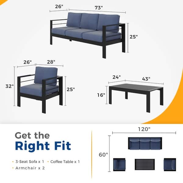 dimension image slide 5 of 6, Royalcraft 4-Piece All-Aluminum Patio Set with 5" Cushions & 3.2" Widened Armrest, Seats 5, 250 lbs - 4-Piece Sets