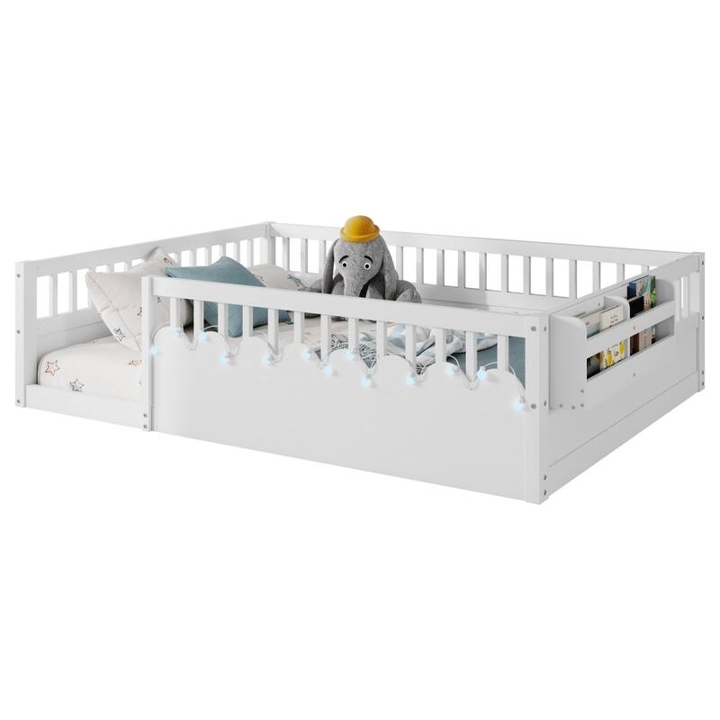 Wood Floor Bed Frame with High Rails,Light and Storage Shelf