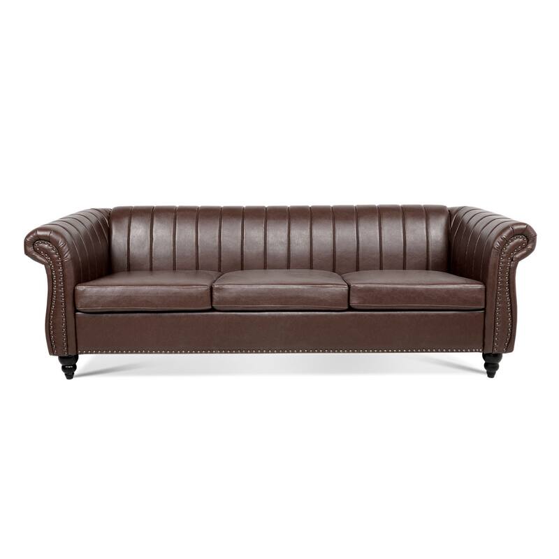 Chesterfield Sofa 83.46" with PU Leather, Quilted Backrest, Birch Legs