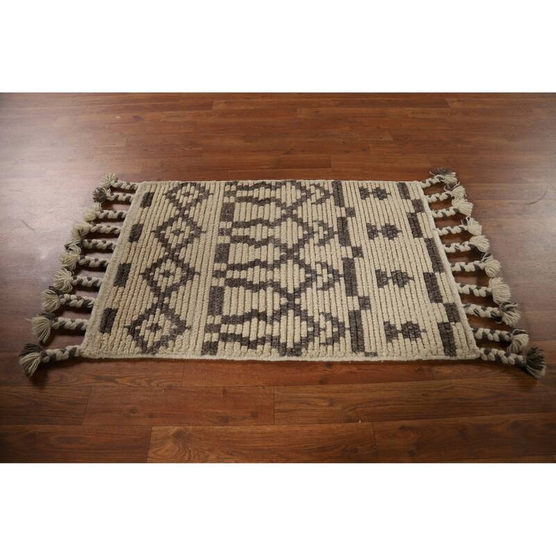 Striped Moroccan Indian Accent Rug Hand-Knotted Wool Carpet - 2'0"x 3'0"
