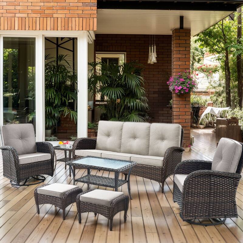 7 Pieces Swivel Chairs Sofa Table Ottomans Brown-Beige - Brown - Brown - Beige