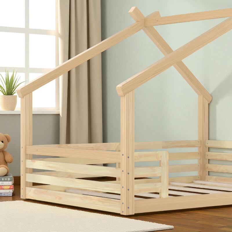 Twin/Full Size Solid Wood House Floor Bed with Window and Shelf, Montessori Low Bed Frame for Kids, No Box Spring Needed