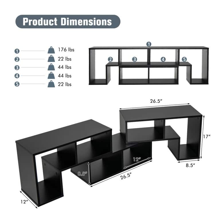 3 Pieces TV Stand Console Entertainment Center for TVs up To 65 Inch with Bookcase Shelves - 26.5" x 12" x 17" (L x W x H)