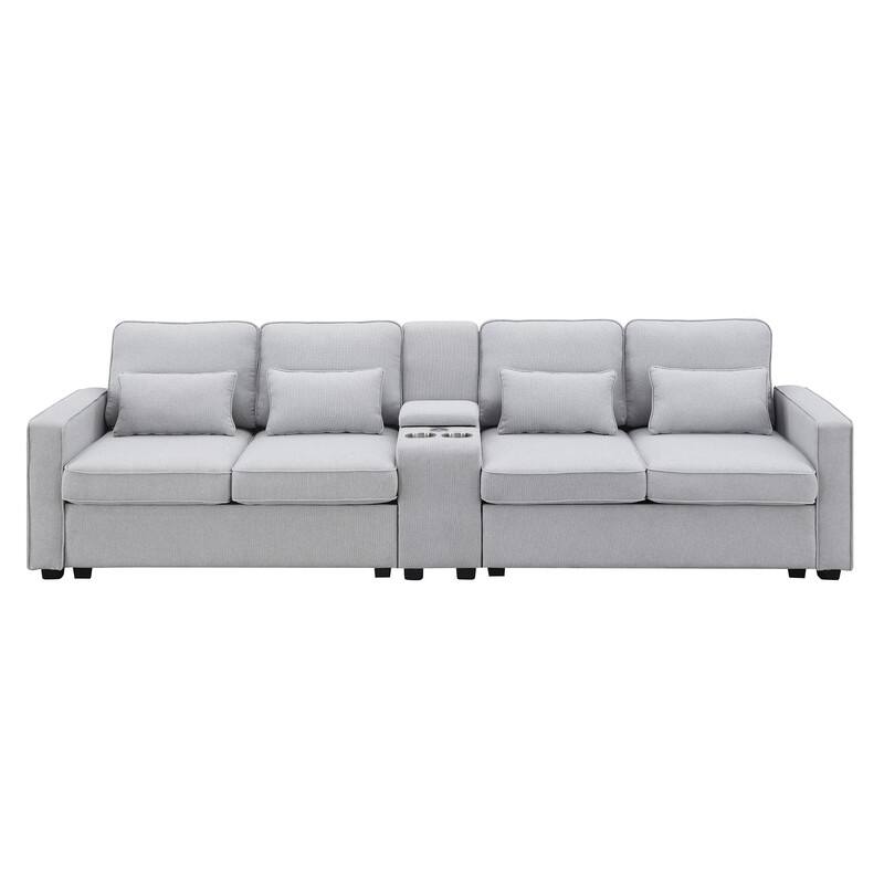 114.2" Upholstered with console, 2 cup holders and USB port (wired or wireless charging) with 4 pillows