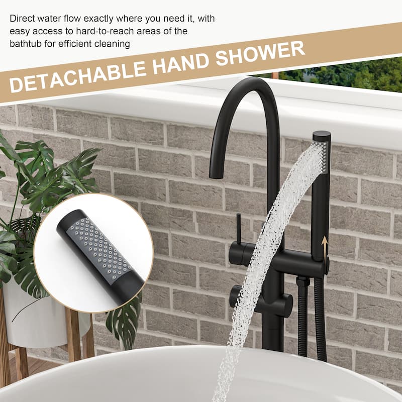 Freestanding Bathtub Faucet Floor Mount Tub Filler Matte Black, Swivel Gooseneck Spout with Cylinder Handheld
