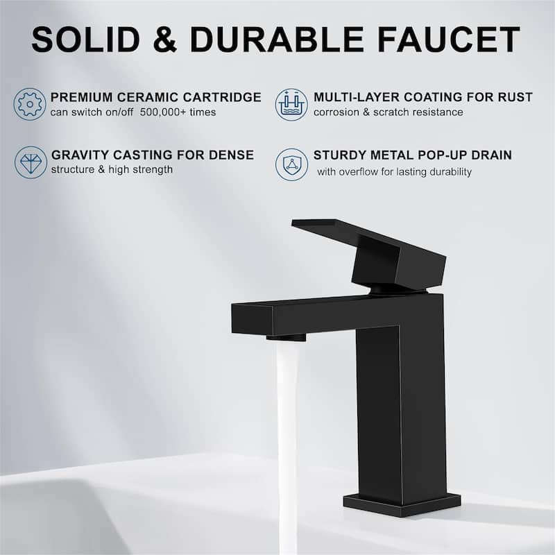 Modern Single Hole Bathroom Faucet, Solid Brass Square Sink Faucet with Pop-Up Drain and Water Supply Hoses