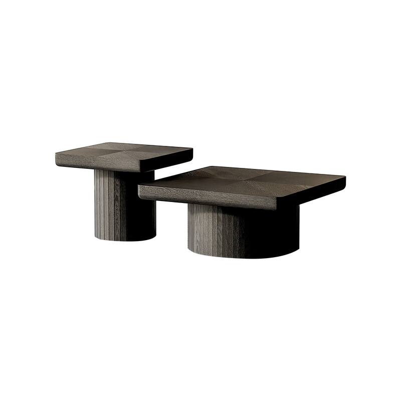 Wood Nesting Coffee Table Set, 2-Piece Coffee Table with Cylindrical Fluted Pedestal, Versatile Nesting Tables for Living Room