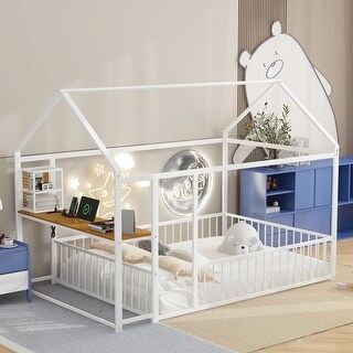 White Full Size Metal Bed with Desk, House Bed Frame with Shelves and USB Ports