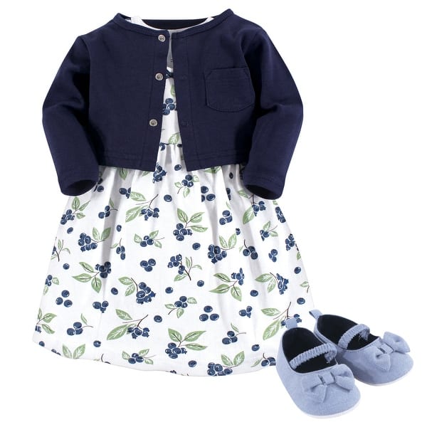 slide 1 of 1, Hudson Baby Infant Girl Cotton Dress, Cardigan and Shoe 3pc Set, Blueberries 0-3 Months - Blueberries