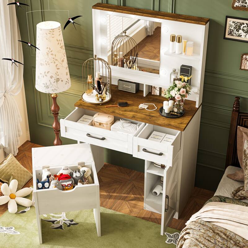 Farmhouse Makeup Vanity Desk with Mirror and Lights, 3 Lighting Modes, Vanity Set with Stool, Dressing Table