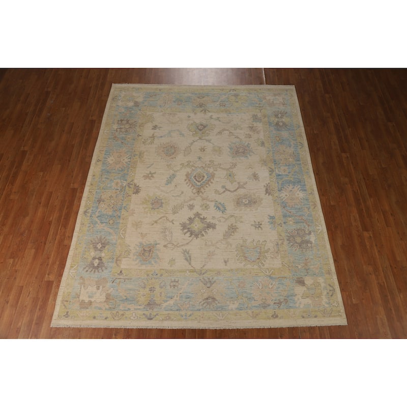 Beige Vegetable Dye Oushak Turkish Area Rug Hand-Knotted Wool Carpet - 7'10"x 9'10"