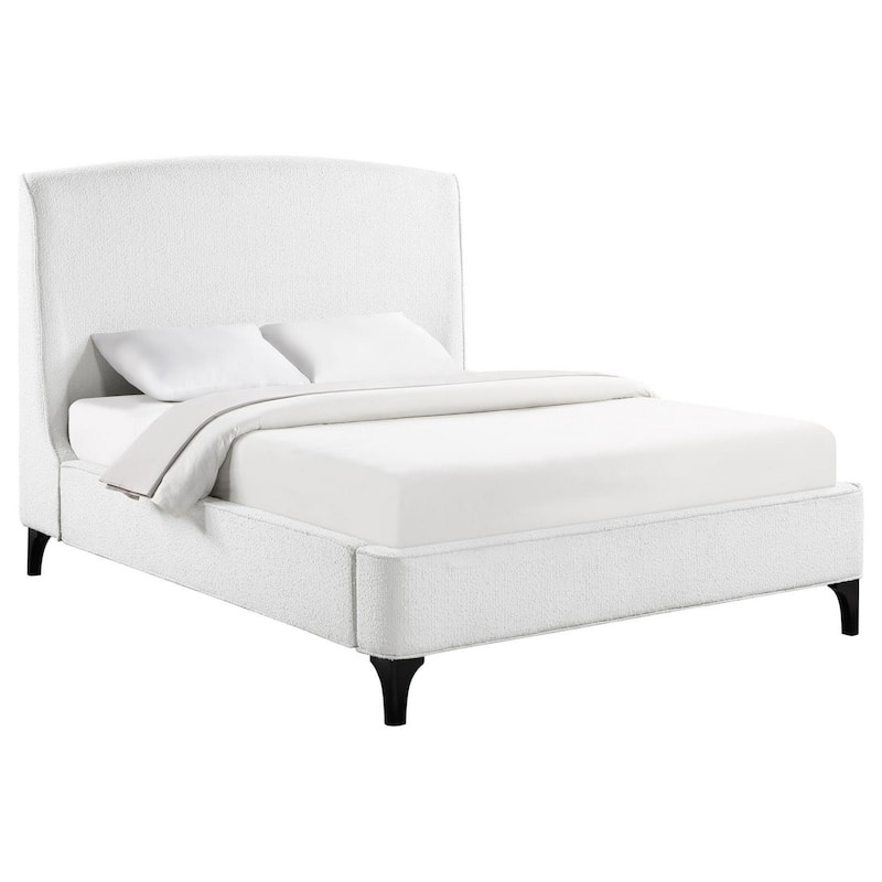 Mabe Queen Size Bed, Wingback Curved Headboard, White Fabric Upholstery