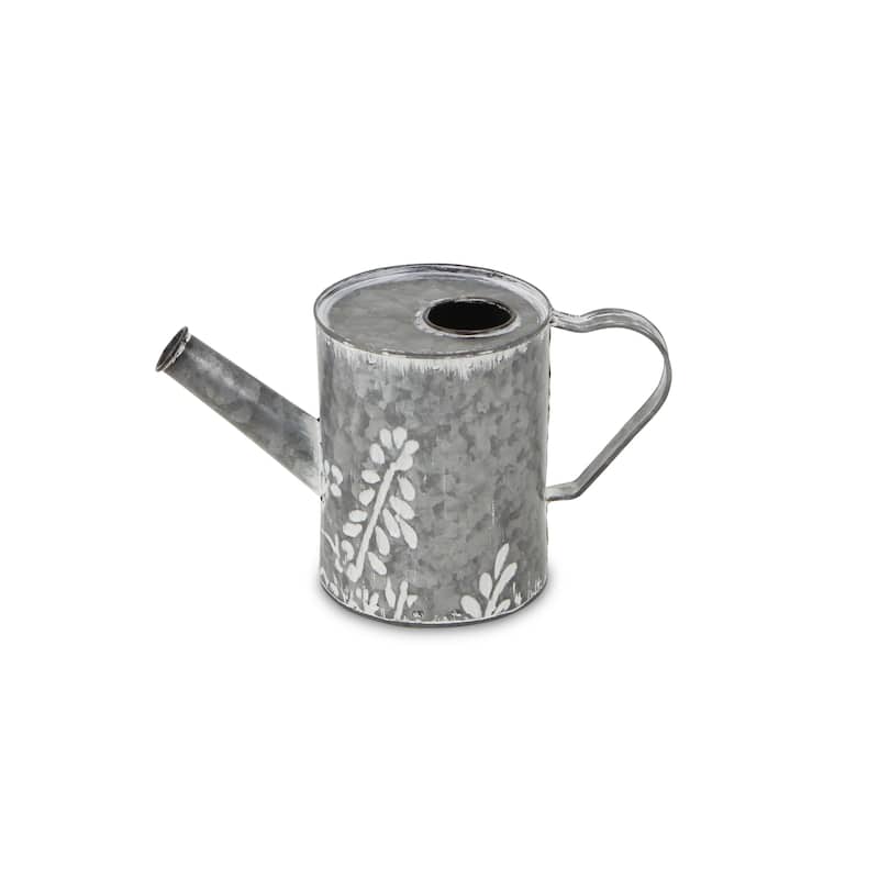 HomeRoots 6" Gray And White Galvanized Metal Flowers Hand Painted Decorative Watering Can - 10.50 in. x 6.00 in. x 4.75 in.
