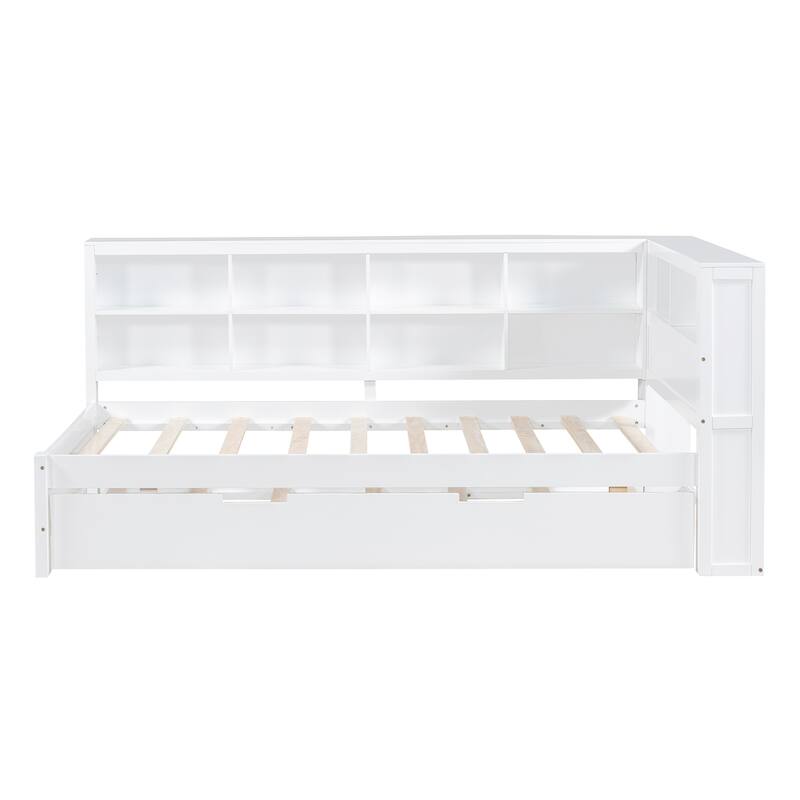 Wooden White Twin Size Daybed with Trundle Bed & Storage Shelf